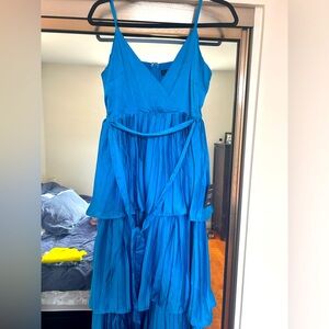Celebrated Vibe Bright Blue Tiered Pleated Midi Dress